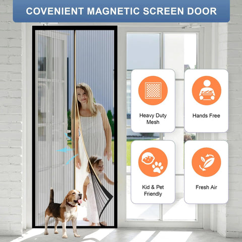 Magnetic Screen Door Mesh Fits 36 By 80 Inch Door Curtain Size 38 By 82 Ideal For Patio And Sliding Doors Keeps Bugs Out And Delivers Fresh Air Flow Black installed with family and dog.