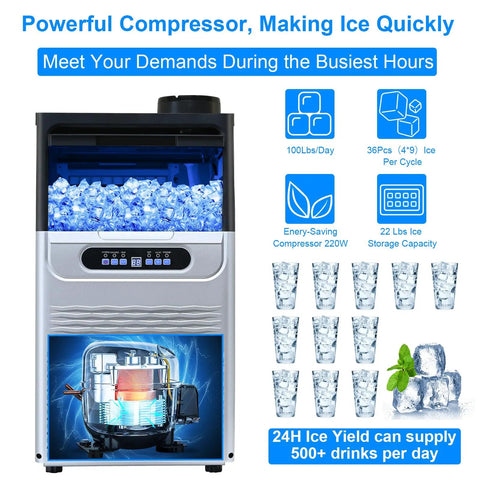 Commercial Ice Maker 100 Lbs Per Day Under Counter Or Freestanding 22 Lbs Ice Storage Dual Water Inlet Modes Auto Self Cleaning Bar Ready Ice Machine For Home Bar Office Shop showing ice production and compressor.