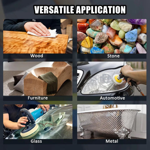 Image showing versatile application of Six Piece Blue Microfiber Buffing Pads Fits Nine To Ten Inch Orbital Buffer And Polisher Slick Finish Bonnets for various materials.