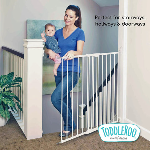 Tall Easy Swing and Lock Baby Gate Series 2 Hardware Mounted Metal Safety Gate for Stairs and Doorways in use