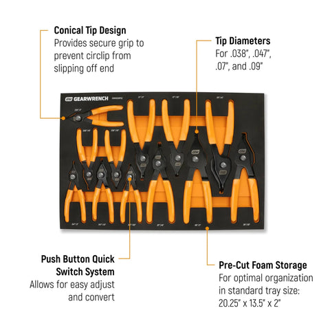 12 Piece Convertible Push Button Snap Ring Pliers Set With Foam Tray For Easy Quick Switch And Secure Grip Includes 0.038 In 0.047 In 0.07 In 0.09 In Tips Meets ASME Standards displayed in foam tray with labeled features.
