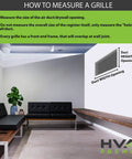 Diagram on measuring a grille for HVAC systems, featuring duct width and height, in room with seating and plant.