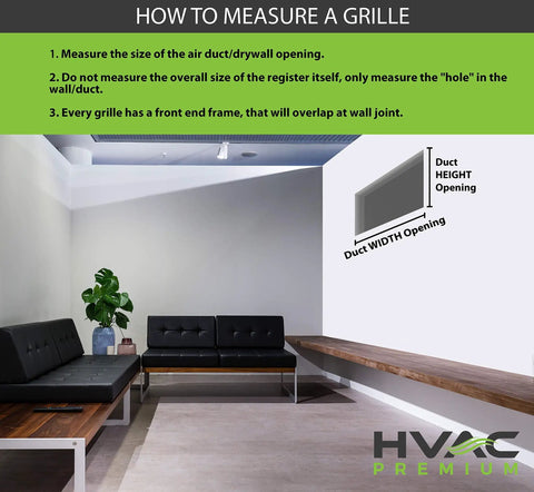 Instructions for measuring duct opening for 20x24 Aluminum Return Grille For HVAC Systems with diagrams and sofa seating.