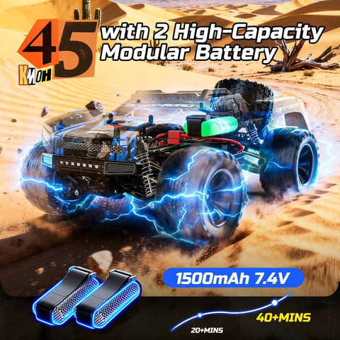 One Twelve Scale Fast RC Truck With Dual Batteries 45 KPH 4WD Off Road Monster RC Car on desert terrain, 2.4GHz remote visible