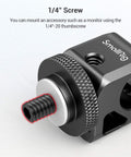 Close-up of the 1/4" screw on a Universal Fifteen Millimeter Single Rod Clamp Rail Connector for mounting accessories.