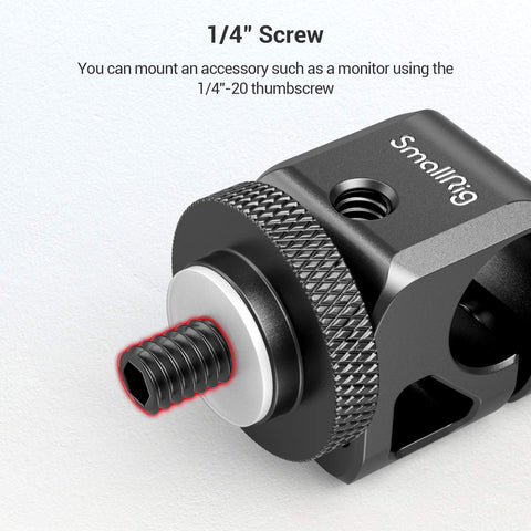 Close-up of the 1/4" screw on a Universal Fifteen Millimeter Single Rod Clamp Rail Connector for mounting accessories.