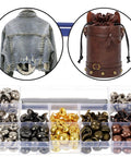 150 Piece Leather Rivets Set with 12x6mm Round Dome Rivets and Mushroom Rivets for clothing and bag crafting.