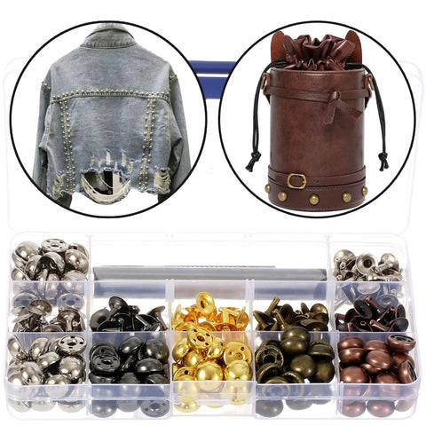 150 Piece Leather Rivets Set with 12x6mm Round Dome Rivets and Mushroom Rivets for clothing and bag crafting.