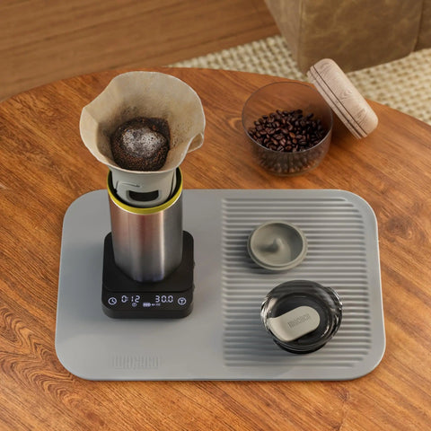 Exagram Pro Coffee Scale With Timer And Carrying Box on wooden table with brewing setup