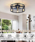 20 Inch Black Caged Ceiling Fan With Light Flush Mount Fandelier With Remote Low Profile Industrial Style For Bedroom Kitchen Dining Room Dope Airflow And Vibe Bulb Not Included displayed in modern dining room