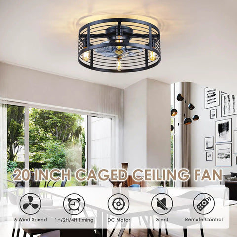 20 Inch Black Caged Ceiling Fan With Light Flush Mount Fandelier With Remote Low Profile Industrial Style For Bedroom Kitchen Dining Room Dope Airflow And Vibe Bulb Not Included displayed in modern dining room