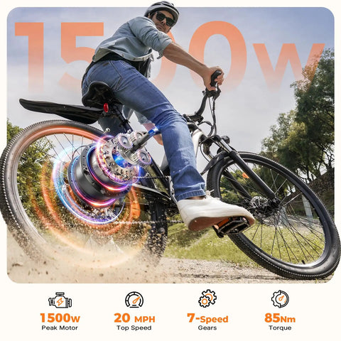 Man riding Beast Mode 1500W Peak Electric Bike for Adults with 20 MPH top speed, showing rear wheel and motor.
