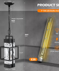 Built Like A Tank Modern Pendant Ceiling Light For Indoors Or Outdoors, Totally Waterproof Black Aluminum Porch Lantern Featuring Textured Water Ripple Glass, Includes Matching Bulb dimensions and specifications