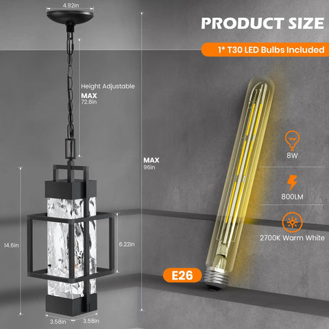 Built Like A Tank Modern Pendant Ceiling Light For Indoors Or Outdoors, Totally Waterproof Black Aluminum Porch Lantern Featuring Textured Water Ripple Glass, Includes Matching Bulb dimensions and specifications