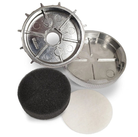 Three Eighths Inch NPT Intake Air Filter Muffler Assembly with aluminum housing, shown with open cap and filter elements