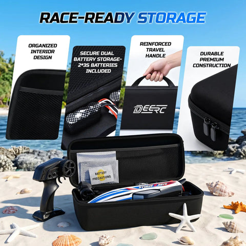 16 Inch Brushless RC Boat For Adults in carrying case with remote control, storage for two 3S batteries, ideal for lakes and pools