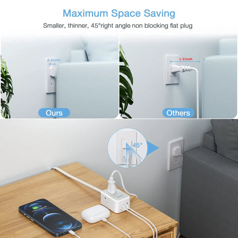 Ultra Slim Flat Plug Power Strip With USB Ports, Five Foot Extension Cord, Three AC Outlets And One USB C behind couch
