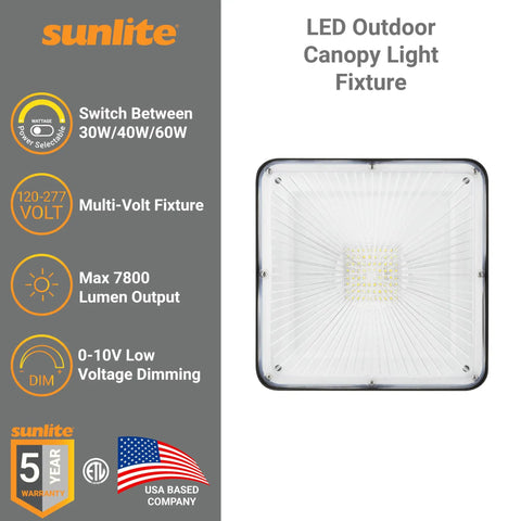 LED Outdoor Canopy Light Fixture With Power Selectable 30W, 40W Or 60W, 7800 Lumens, shown with dimming features and bronze finish.