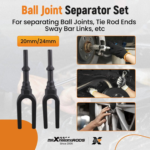 Ball joint separator set with 20mm/24mm sizes for tie rod ends and sway bar links, shown with hands in use