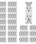 Heavy Duty 15 Amp Decorator Wall Receptacle Outlet 125V 2 Pole 3 Wire Non Tamper Resistant Residential And Commercial Use UL Listed 100 Pack With Back Push In And Side Wiring displayed with multiple outlets.