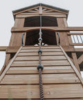 View of Cedar Wood Swing Set With Wave Slide And Raised Clubhouse Plus Balcony, wooden bridge, rock wall, rope ladder