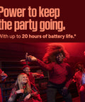 People dancing in red and pink lighting after using SoundLink Max Bluetooth Speaker Portable Party Ready With Deep Bass And Big Sound IP67 Waterproof Rope Handle Up To 20 Hours Of Playback USB C Connectivity And Built In 3 Point 5mm Aux Input.