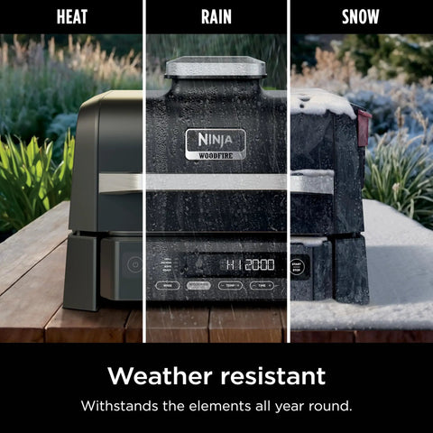 Woodfire Outdoor Grill And Smoker With Four In One Functionality For Real Woodfire Flavor And Sear Crave Ready Backyard Grilling Bake And Roast All In One Electric Heat OG301, weather-resistant in heat, rain, snow.