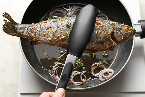 Using Two Pack Black Kitchen Tongs Set Pro Grade Silicone BPA Free Nonstick Stainless Steel BBQ Grilling Tongs with whole fish