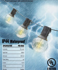 Close-up of Two Pack 100Ft LED Outdoor String Lights With 104 Vintage G40 Bulbs, showing waterproof feature and UL listed certification.