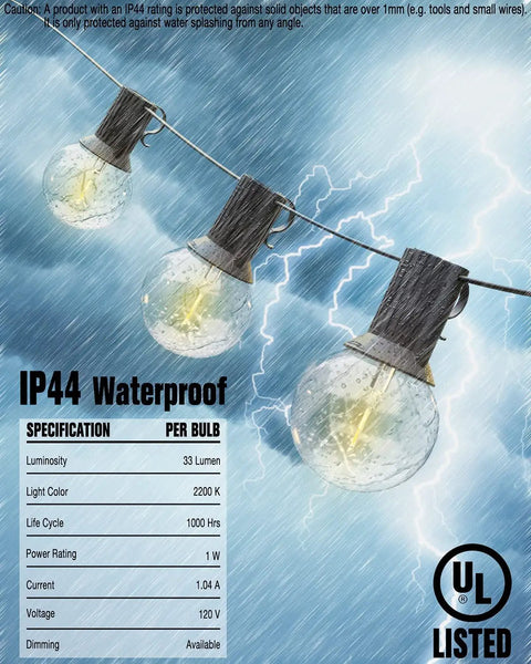 Close-up of Two Pack 100Ft LED Outdoor String Lights With 104 Vintage G40 Bulbs, showing waterproof feature and UL listed certification.
