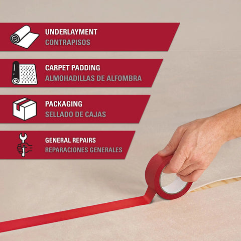 Hand applying red underlayment seam tape for floating floors, showing versatility for carpet padding and general repairs.