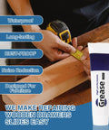 Multi Purpose Drawer Slide Lubricant And Grease For Cabinets Hinges Tracks Bearings Gears And Garage Doors With Cleaning Cloth Applicator And Brush tube on a workbench with tools.