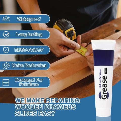 Multi Purpose Drawer Slide Lubricant And Grease For Cabinets Hinges Tracks Bearings Gears And Garage Doors With Cleaning Cloth Applicator And Brush tube on a workbench with tools.