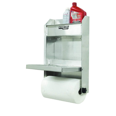 Junior Aluminum Work Station Storage Cabinet With Flip Out Work Tray And Paper Towel Rack for enclosed trailers, silver