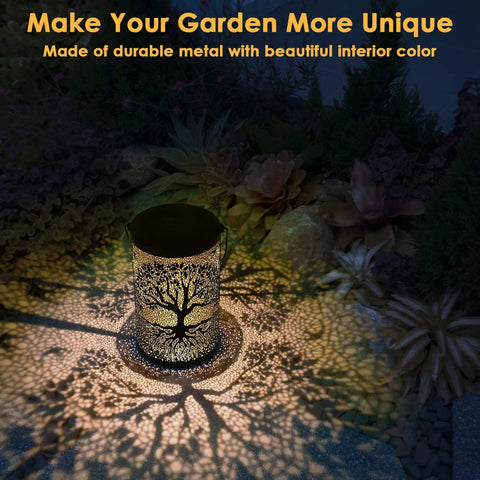 Outdoor Solar Lantern With Waterproof Build Hang Or Stand Light casting intricate tree patterns on balcony garden