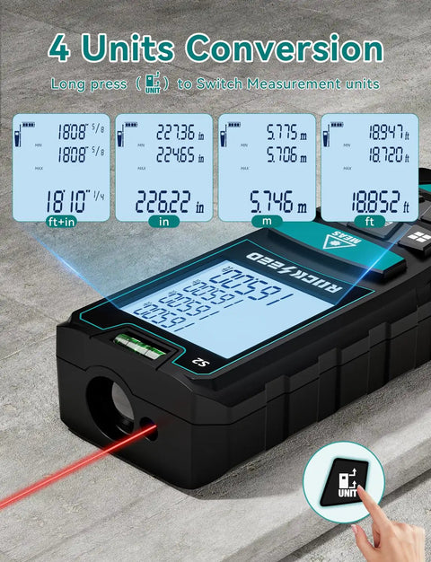 Digital Laser Distance Meter with Dual Bubble Levels, Backlit LCD, 328 Feet Range, Unit Switchable among M, In, Ft.