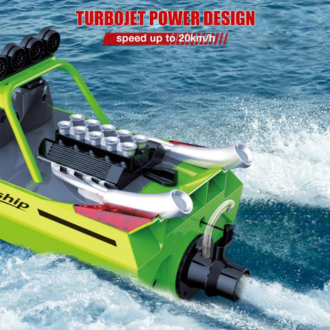 Next Level High Speed RC Jet Boat With Remote Control 2 Rechargeable Batteries And LED Lights for water fun showing turbojet power design