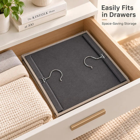 Heavy Duty Six Shelf Hanging Closet Organizer With Roomy Side Pockets And Foldable Design in drawer with folded blankets.
