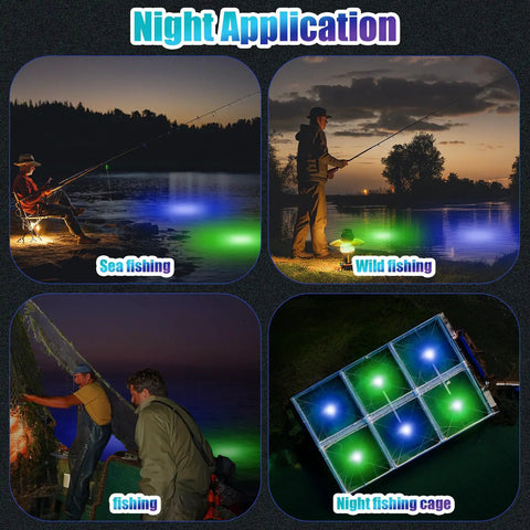 Four images showing the 2 Pack Underwater Fishing Light Kit 12V 15W Submersible LED Lure Lamp used for night fishing in various settings.