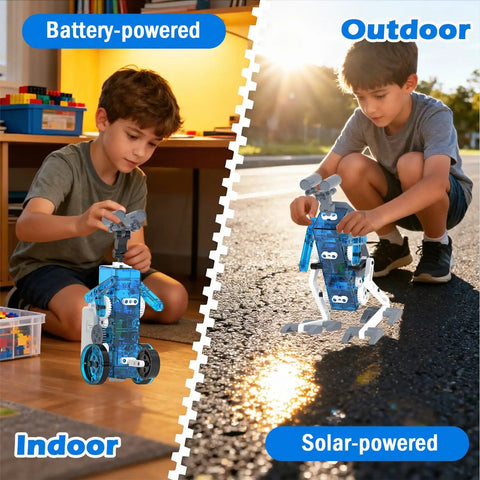 Child assembling Solar Powered 25-In-1 Robot Kit For Kids Aged 8 To 12 indoors and outdoors, showcasing solar and battery modes.