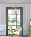 Four Lights Crystal Cage Chandelier With Modern Globe Metal Pendant Lighting in champagne gold hanging in an elegant room.