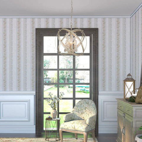 Four Lights Crystal Cage Chandelier With Modern Globe Metal Pendant Lighting in champagne gold hanging in an elegant room.