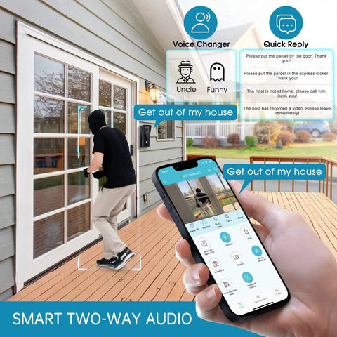 Person with smartphone using 5MP Wireless Doorbell Camera No Monthly Fee Smart WiFi Video Doorbell with Chime on porch.
