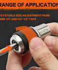 Hands adjusting Two Piece Tap Socket Set With Three Eighths Inch Drive for size 6 to 1/2 inch taps, screw extractors.