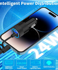 Dual USB Fast Car Charger 4.8A With 6ft Coiled Lightning Cable connected to iPhone displaying power distribution features
