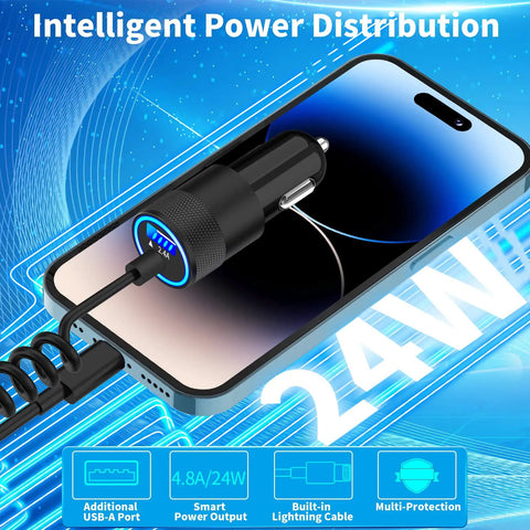 Dual USB Fast Car Charger 4.8A With 6ft Coiled Lightning Cable connected to iPhone displaying power distribution features
