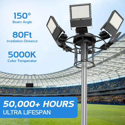 240W LED Flood Light 36000LM 5000K Beast Brightness illuminating stadium, showcasing beam angle and distance