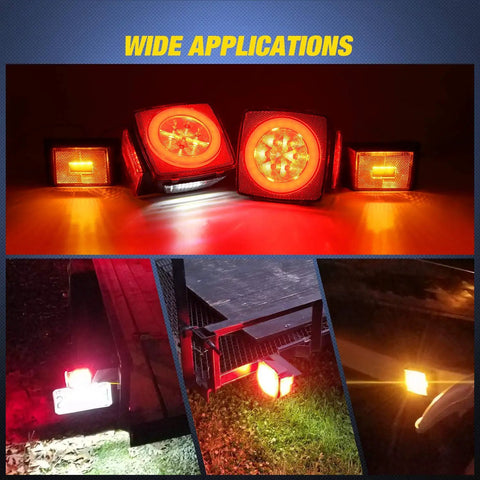 Two Pack LED Trailer Heavy Duty Light Kit With Halo Glow Ring Submersible Lights for 12V trailers, displaying bright red glow.