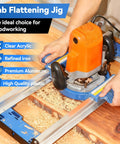 Slab Flattening Jig For Benchtop Router Sled, DIY Woodworking Guide Track, refining wood surface, shown with router in use.