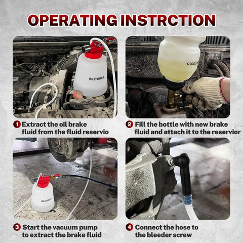 Image showing steps to use One Person Brake Bleeder Vacuum Pump Kit For Cars And Trucks With Adapters Air Compressor Powered Brake Fluid Bleeder System For Master Cylinder And Clutch Lines Easy Professional Level.